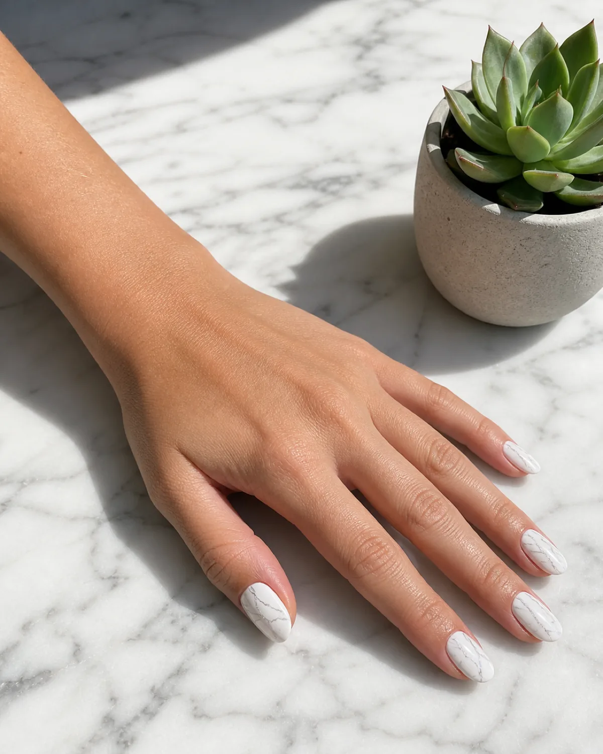 Single hand with white base and thin silver metallic veining swirled across each nail mimicking marble stone on oval nails lying palm-down on white marble surface beside a small potted succulent