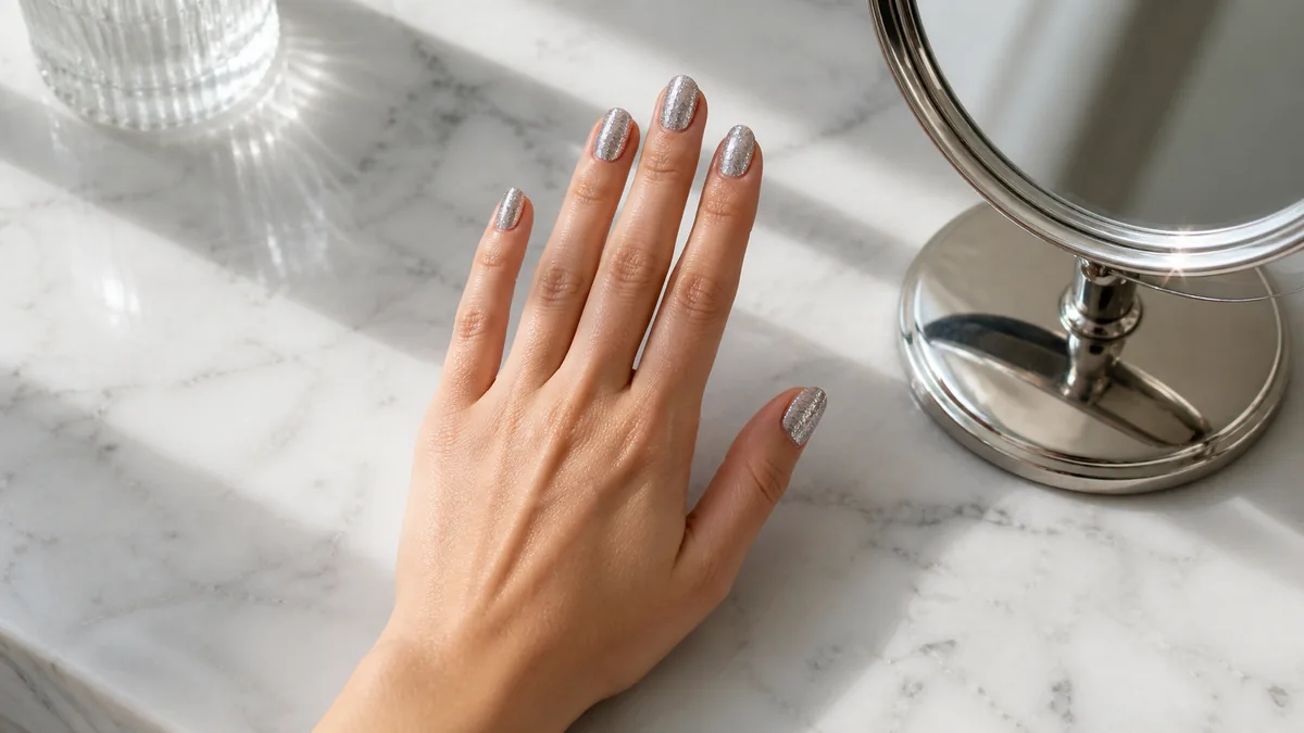 Single hand with dense fine silver micro-glitter nails on short almond shape resting palm-down on white marble vanity beside a small round mirror