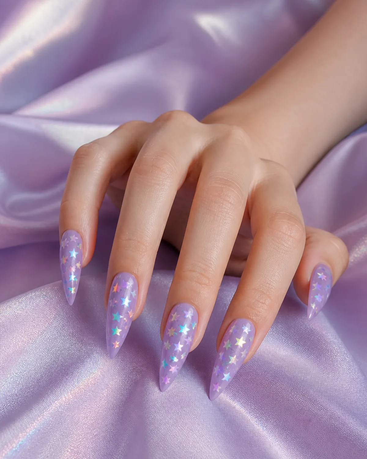 Single hand with glossy lavender base and scattered star-shaped holographic glitter particles embedded in gel top coat on long stiletto nails resting on pale lilac satin fabric