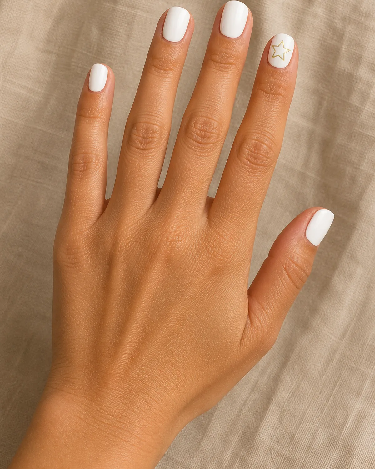 Single hand with clean white creme base on all nails and one accent nail on ring finger featuring single large outlined five-pointed star in gold resting on warm beige linen