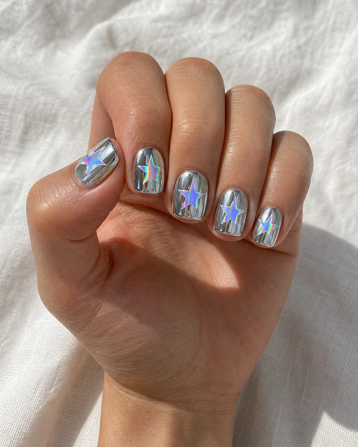 Single hand with chrome silver mirror base and holographic star decals that shift color in the light on short square nails resting on white textured linen in bright natural light