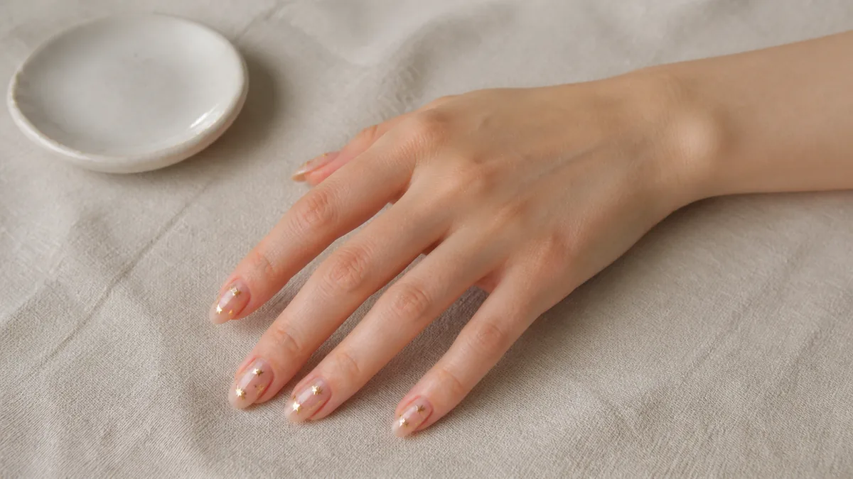 Single hand with sheer nude polish and small gold metallic star stickers scattered on medium almond nails resting palm-down on cream linen tablecloth beside white ceramic dish