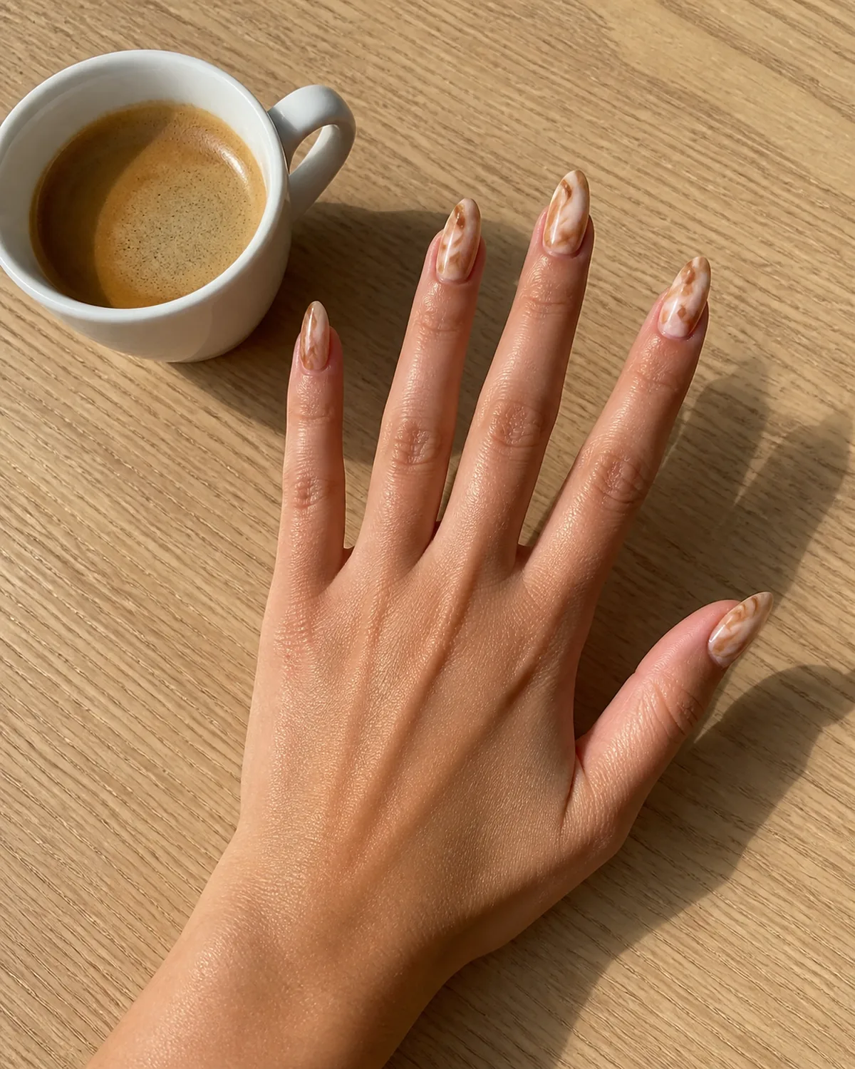 Single hand with creamy white and warm caramel-brown latte swirl nail art on medium almond shaped nails resting palm-down on pale oak tabletop beside small white espresso cup