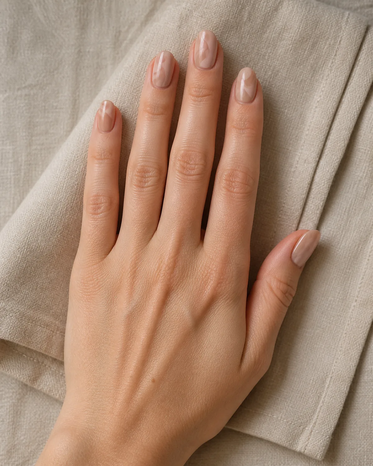 Single hand with two shades of nude light beige and warm taupe tonal swirl nail art on oval shaped nails lying on folded beige linen napkin