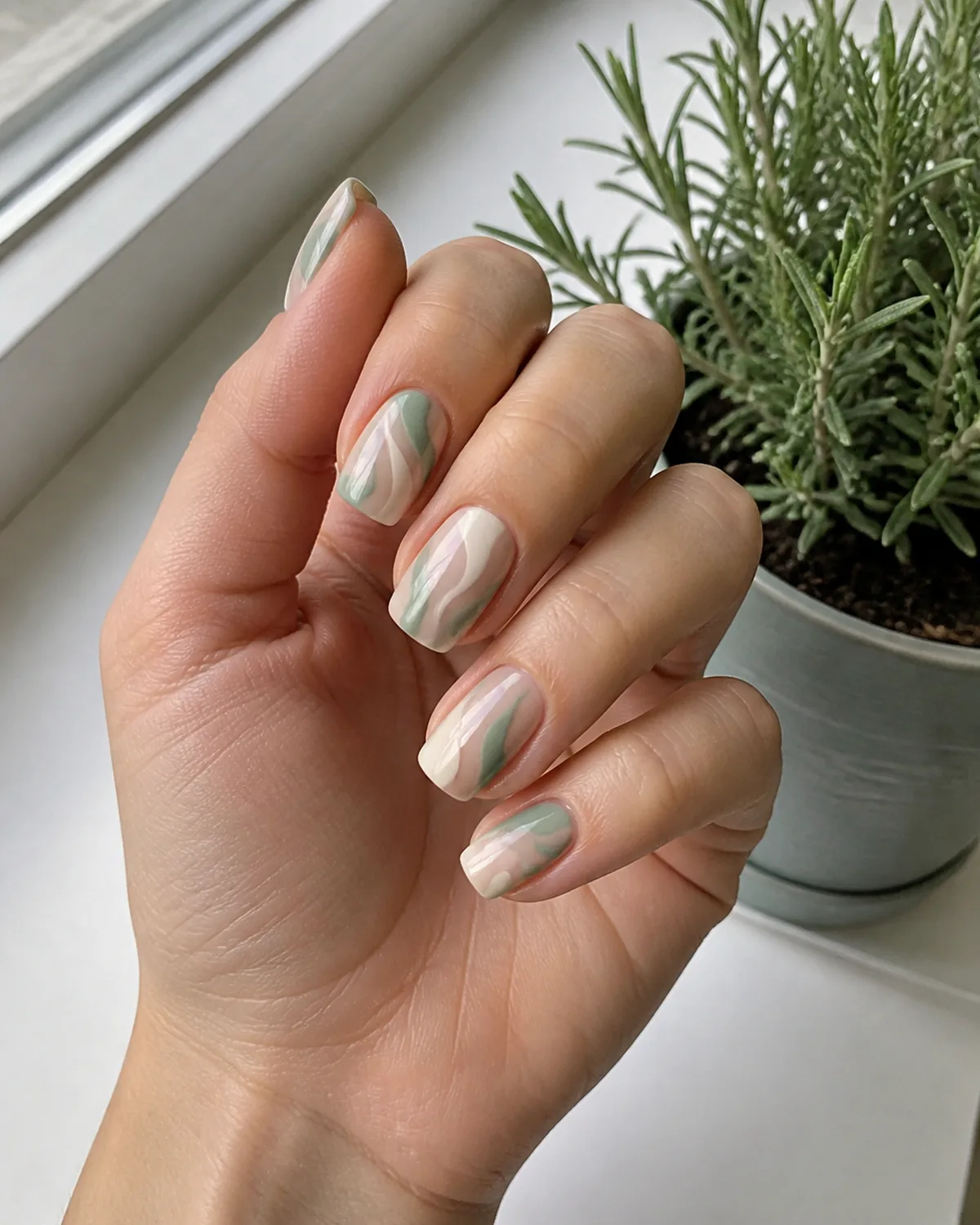 Single hand with muted sage green and off-white cream swirl nail art on squoval shaped nails resting beside small potted rosemary plant on white windowsill