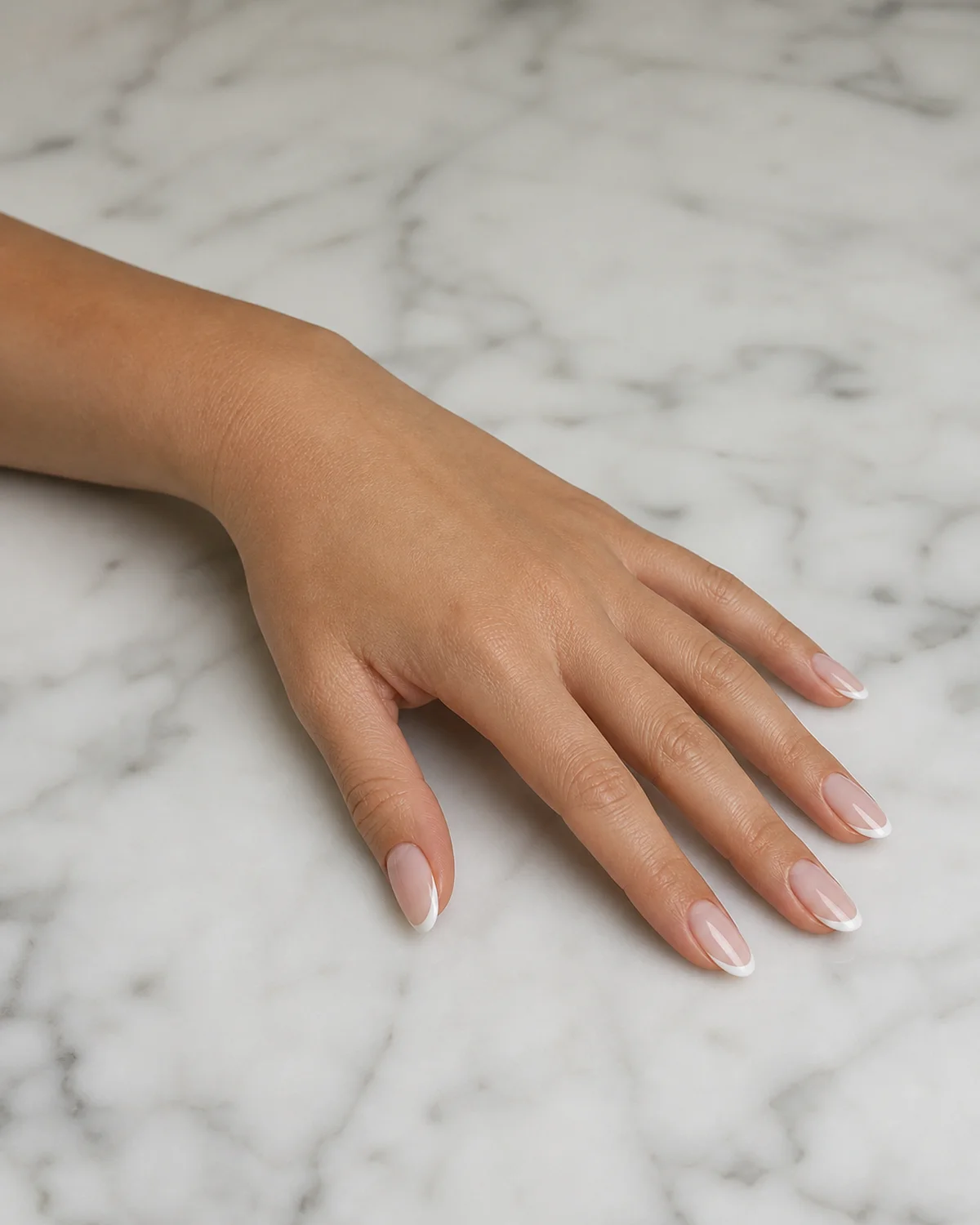 Single left hand with sheer French tip nails on medium almond shape palm down on white marble surface