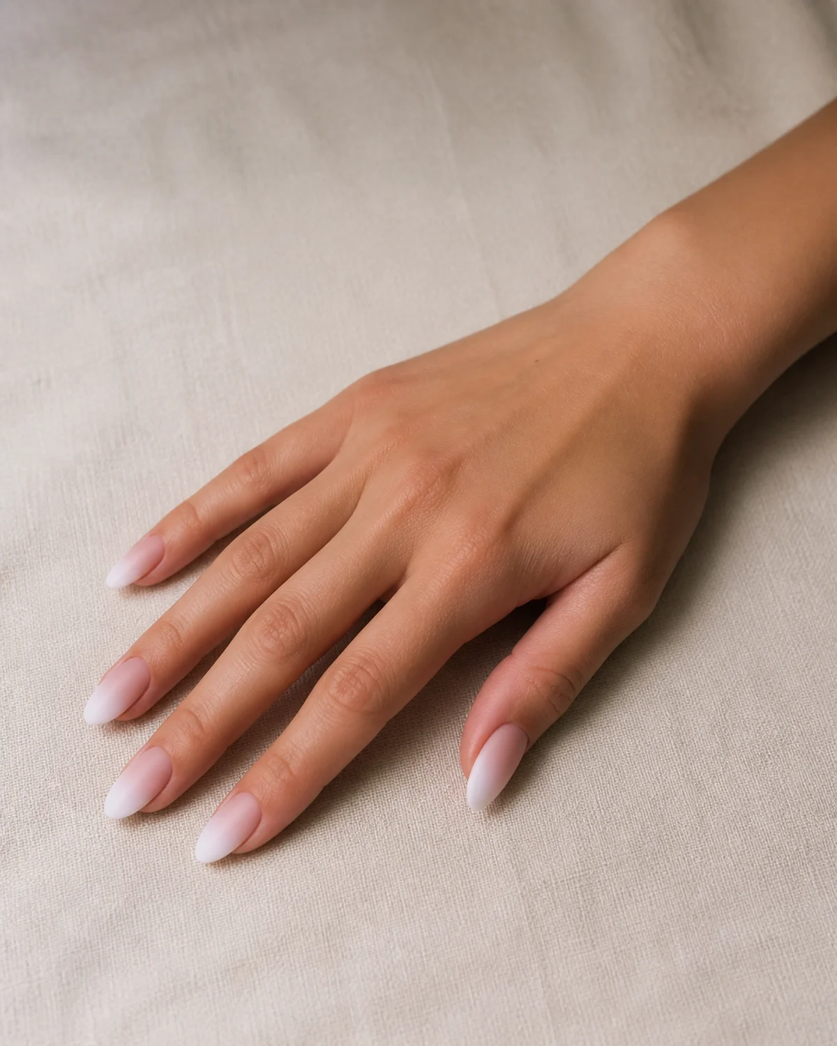 Single right hand with dusty rose to milky white ombre gradient nails on long almond shape palm down on cream linen tablecloth