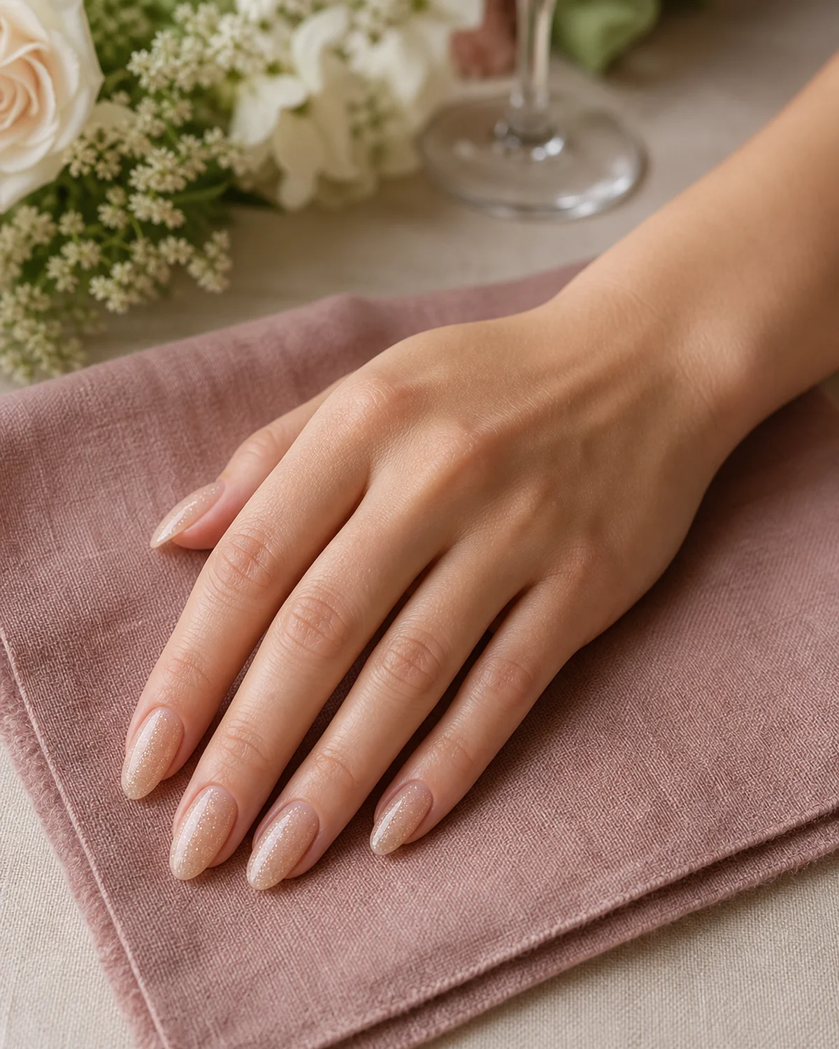 Single right hand with champagne gold micro-glitter nails in sheer nude gel on medium almond shape palm down on dusty rose linen napkin