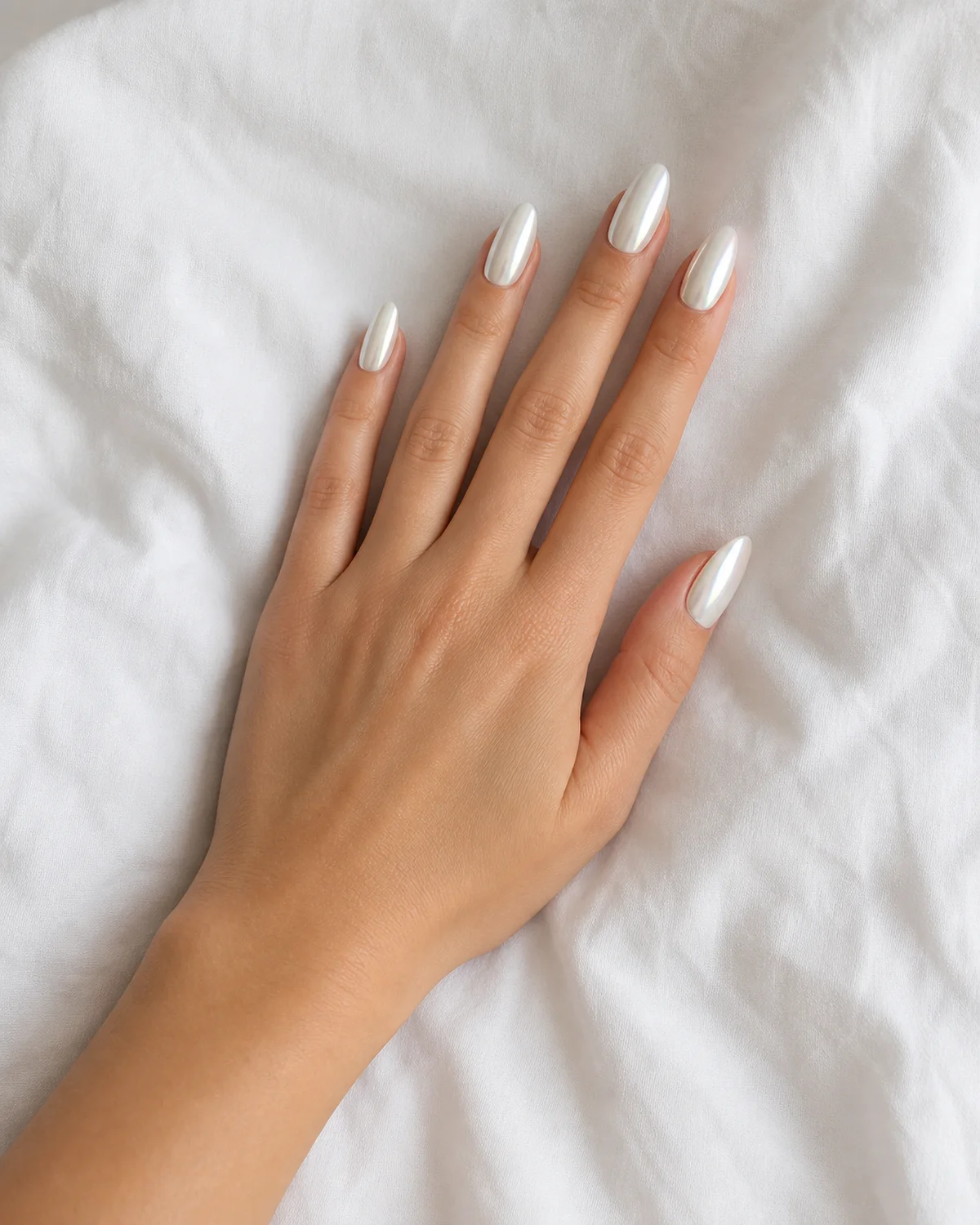 Single left hand with pearlescent white chrome nails on long almond shape palm down on white cotton fabric