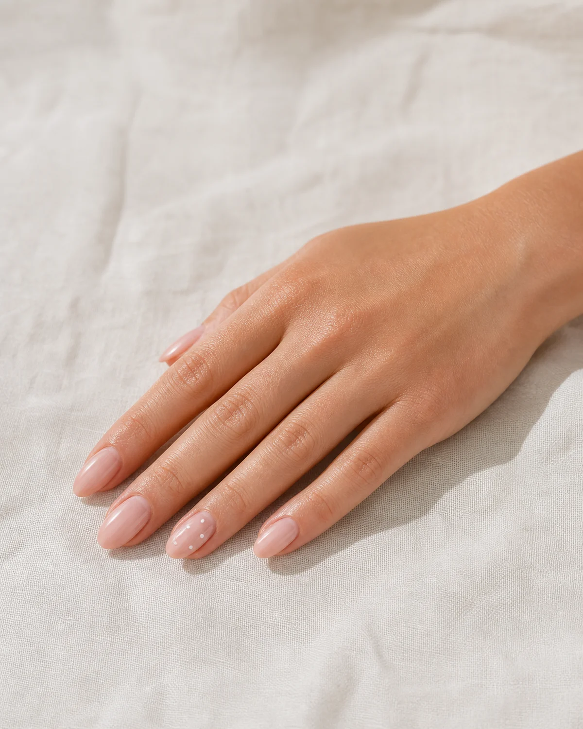 Single right hand with sheer blush almond nails and five tiny white dots on the ring finger palm down on off-white linen tablecloth
