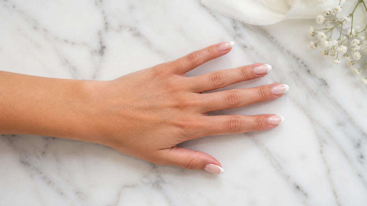Single left hand with medium almond French tip nails palm down on white marble surface