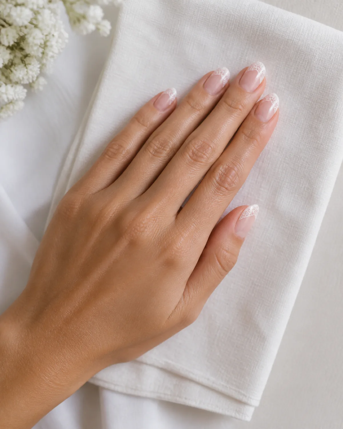 Single left hand resting on folded white linen napkin with medium almond nails showing lace pattern filling only the French tip zone over sheer nude base