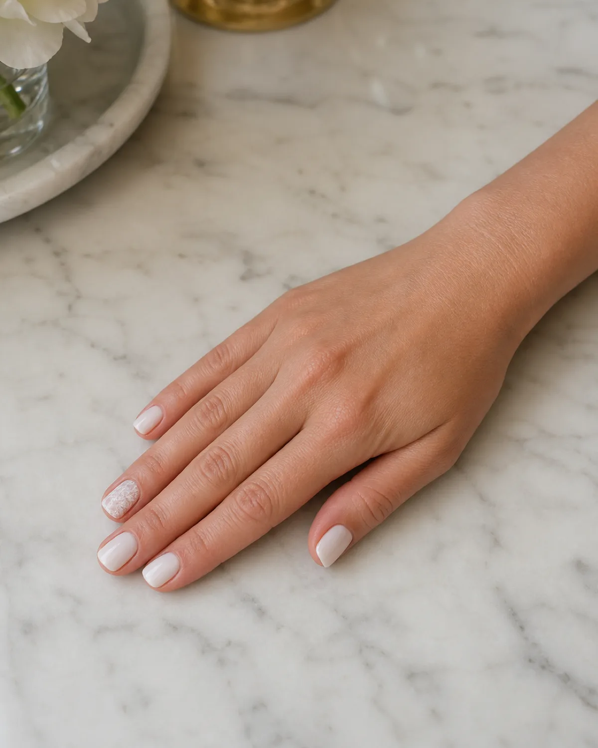 Single right hand palm down on marble vanity with short square nails in plain milky white and ring finger featuring full white lace pattern accent