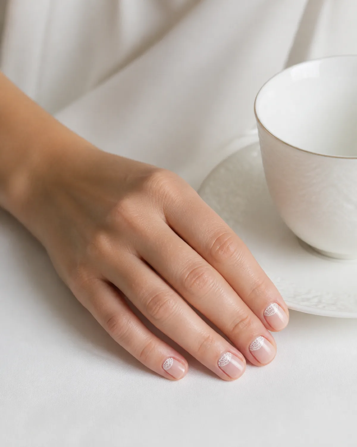 Single left hand resting beside white ceramic tea cup with short round nails showing delicate white lace design filling only the half-moon lunula area on sheer nude base