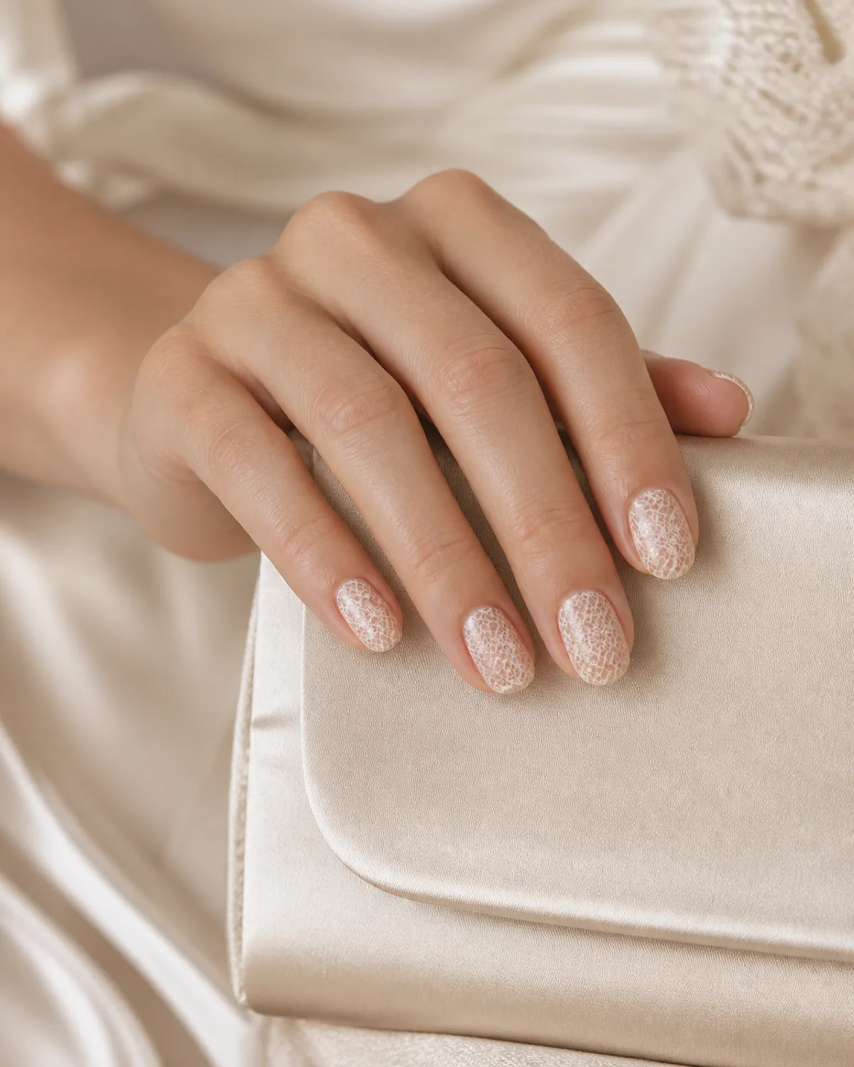 Single left hand draped over champagne-colored satin clutch purse with short almond nails featuring warm champagne-toned lace pattern on clear gel base