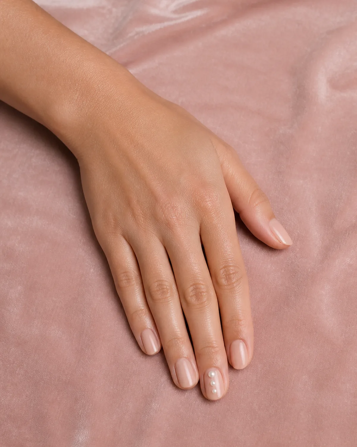 Single left hand with warm nude round nails and three descending pearls on the ring finger palm down on blush velvet surface