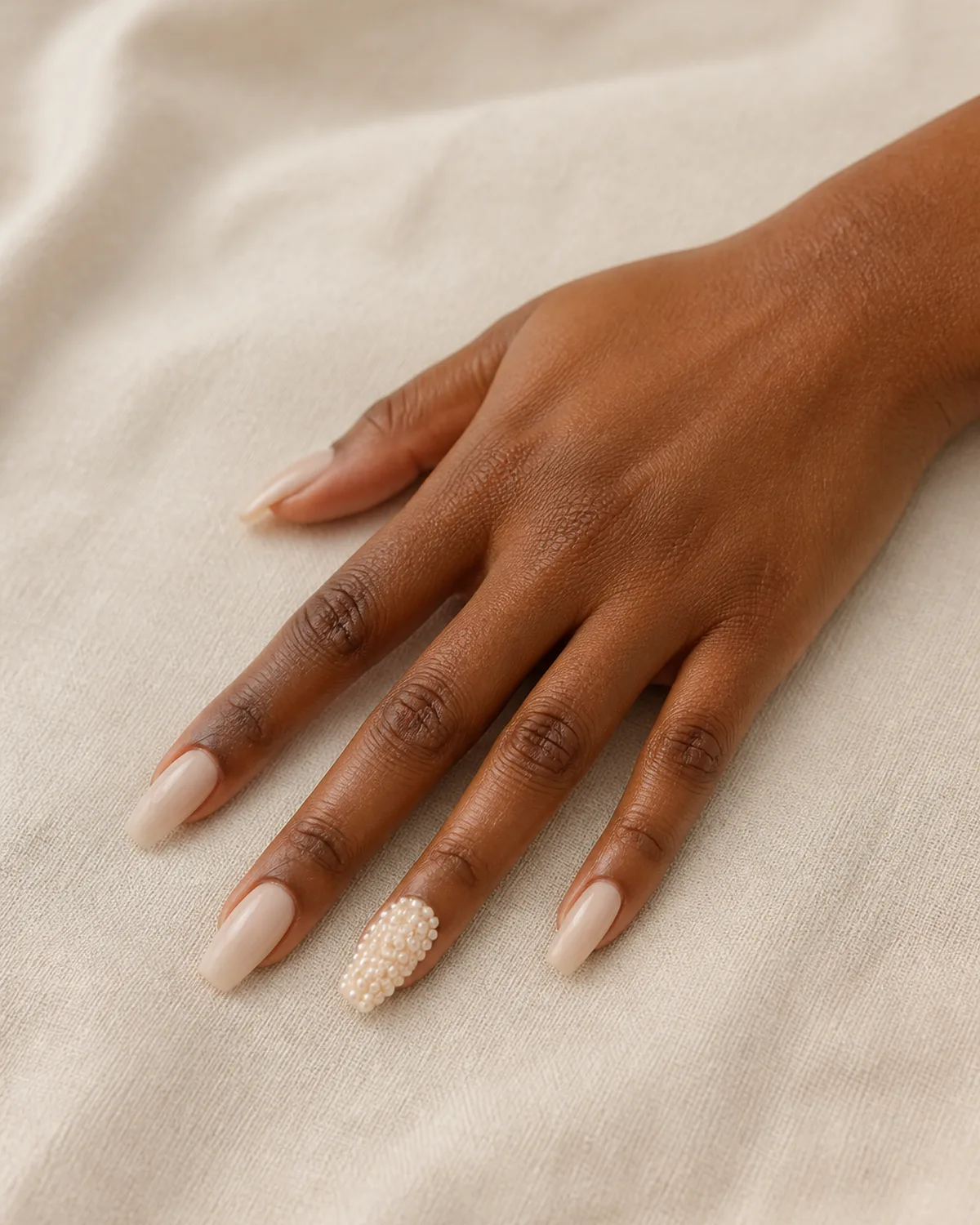 Single right hand with milky nude coffin nails and fully pearl-encrusted ring finger palm down on off-white linen tablecloth