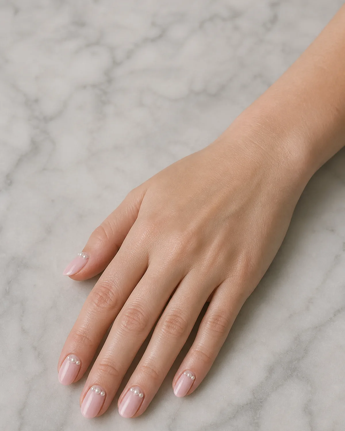 Single right hand with sheer pink oval nails and half-moon pearl cluster at the lunula palm down on pale gray marble surface