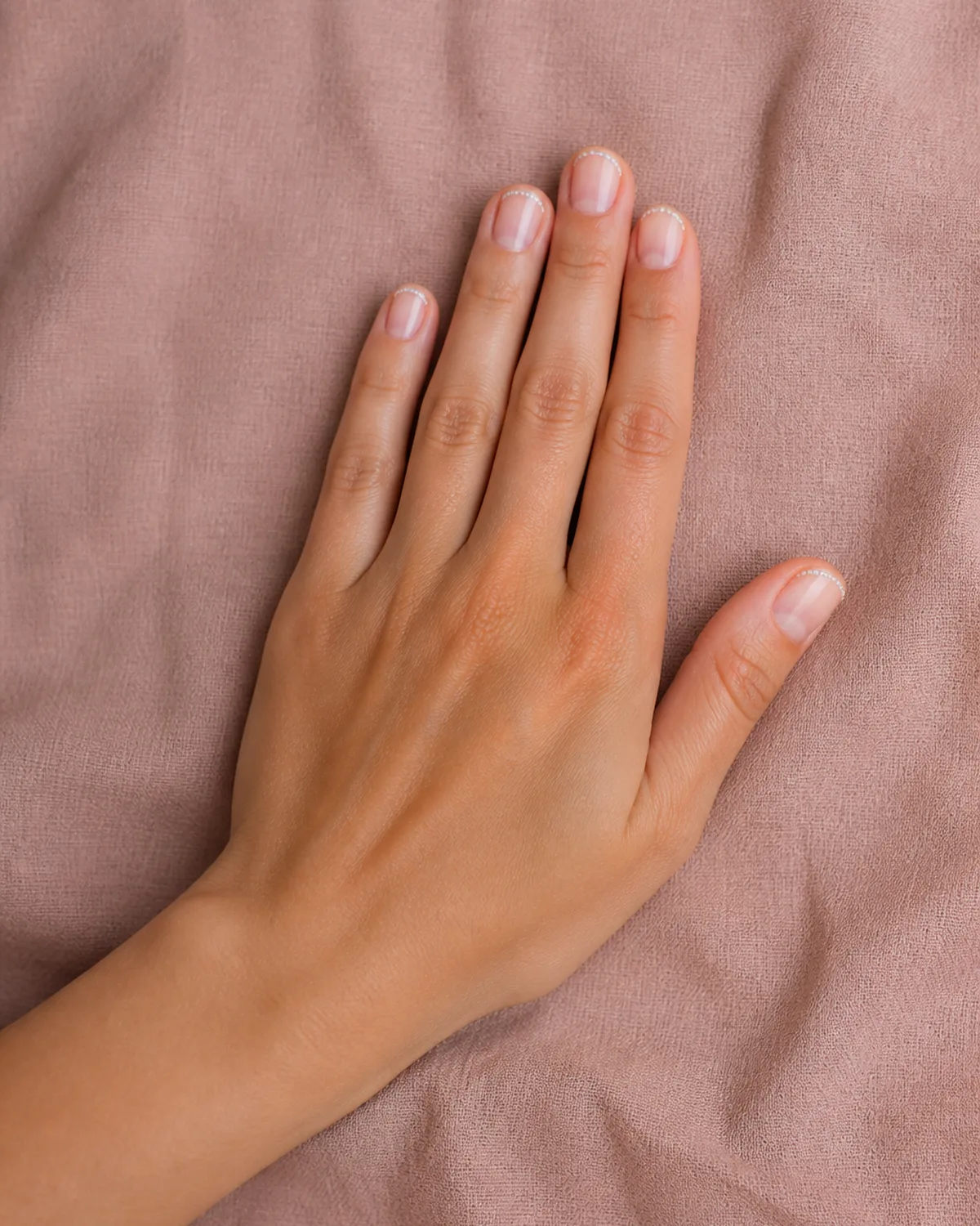 Single left hand with natural short round nails and micro pearl French line at the tip palm down on dusty rose linen