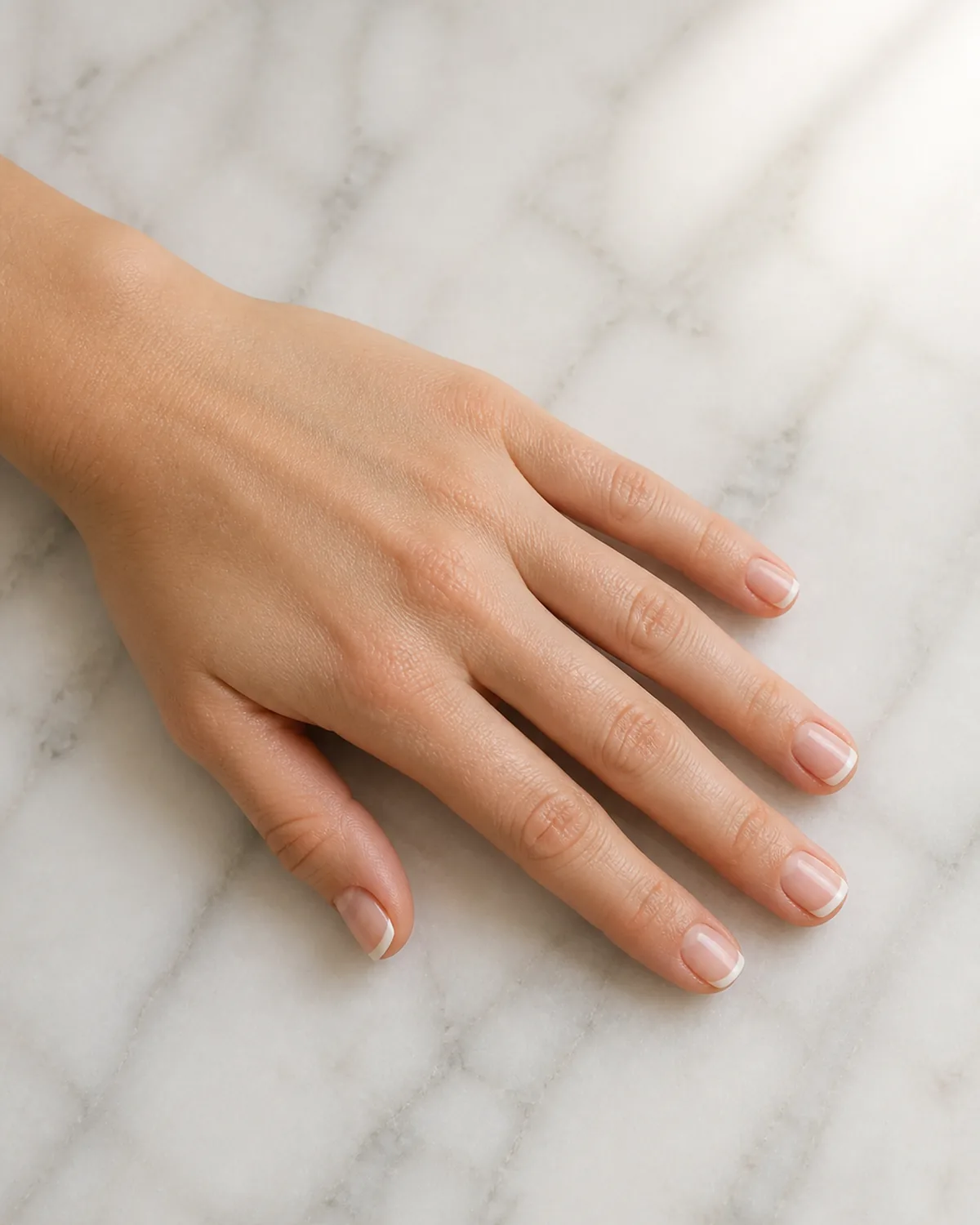Single left hand with crisp white French tips on short square nails palm down on white marble surface