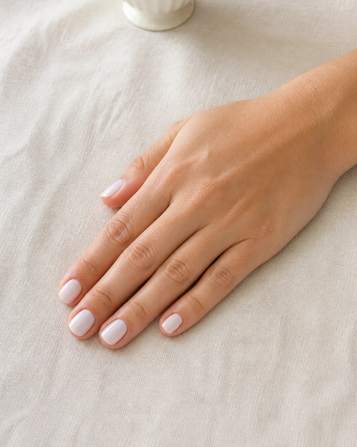 Single left hand with opaque milky white gel on short oval nails palm down on cream linen tablecloth near white ceramic teacup