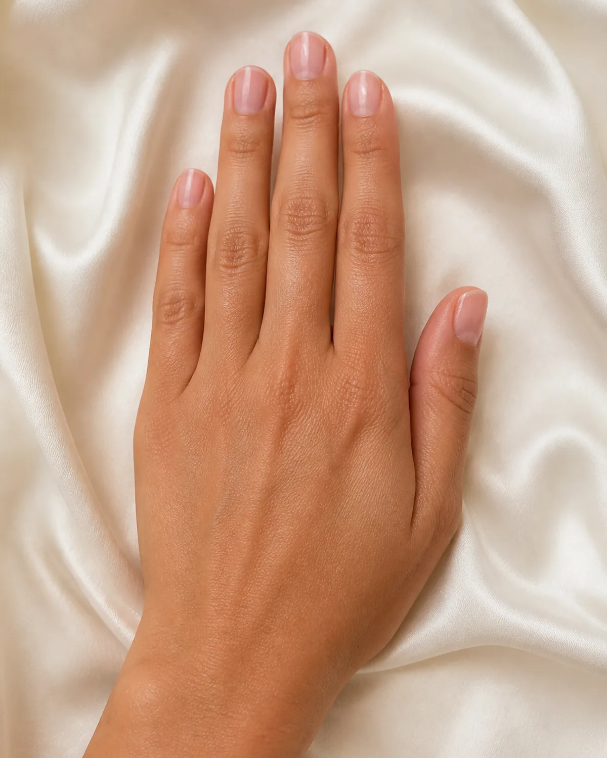 Single left hand with sheer pink polish on short squoval nails palm down on ivory silk charmeuse fabric