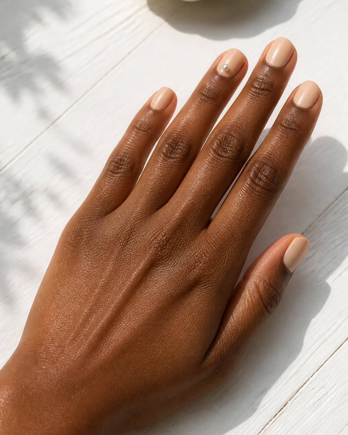 Single left hand with warm nude base and tiny pearl stud on ring finger on short round nails on white wood surface near ceramic dish