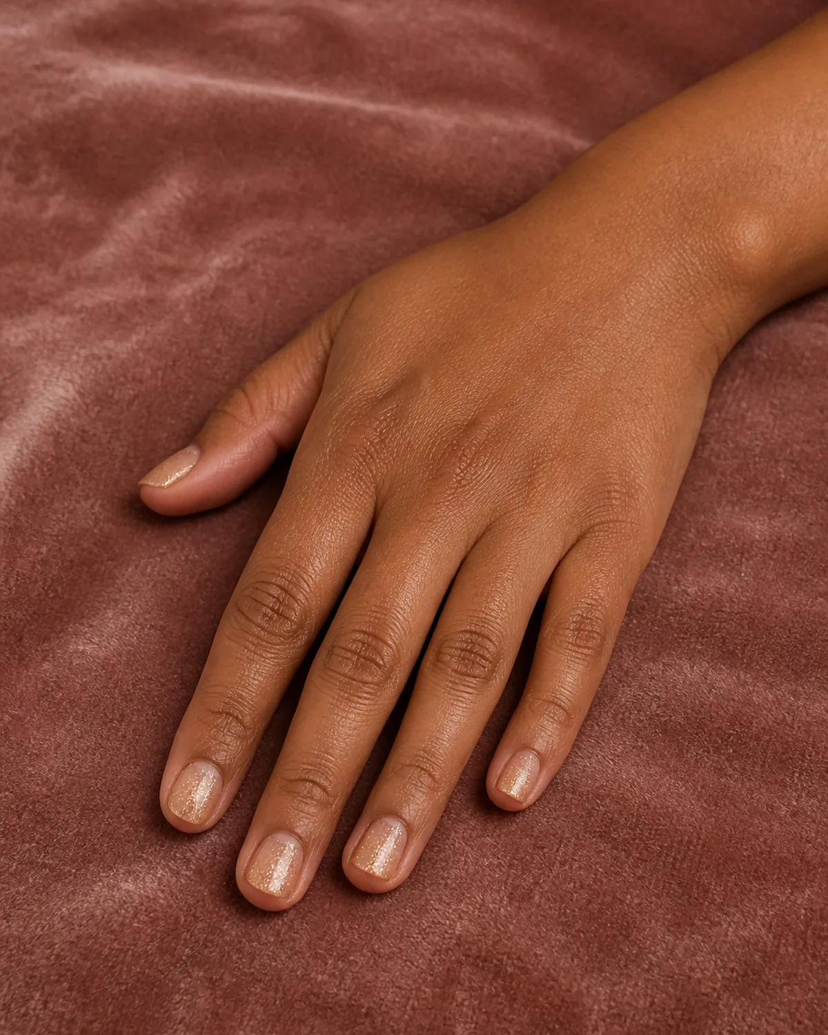 Single left hand with champagne micro-glitter in clear base on short square nails on dusty rose velvet surface