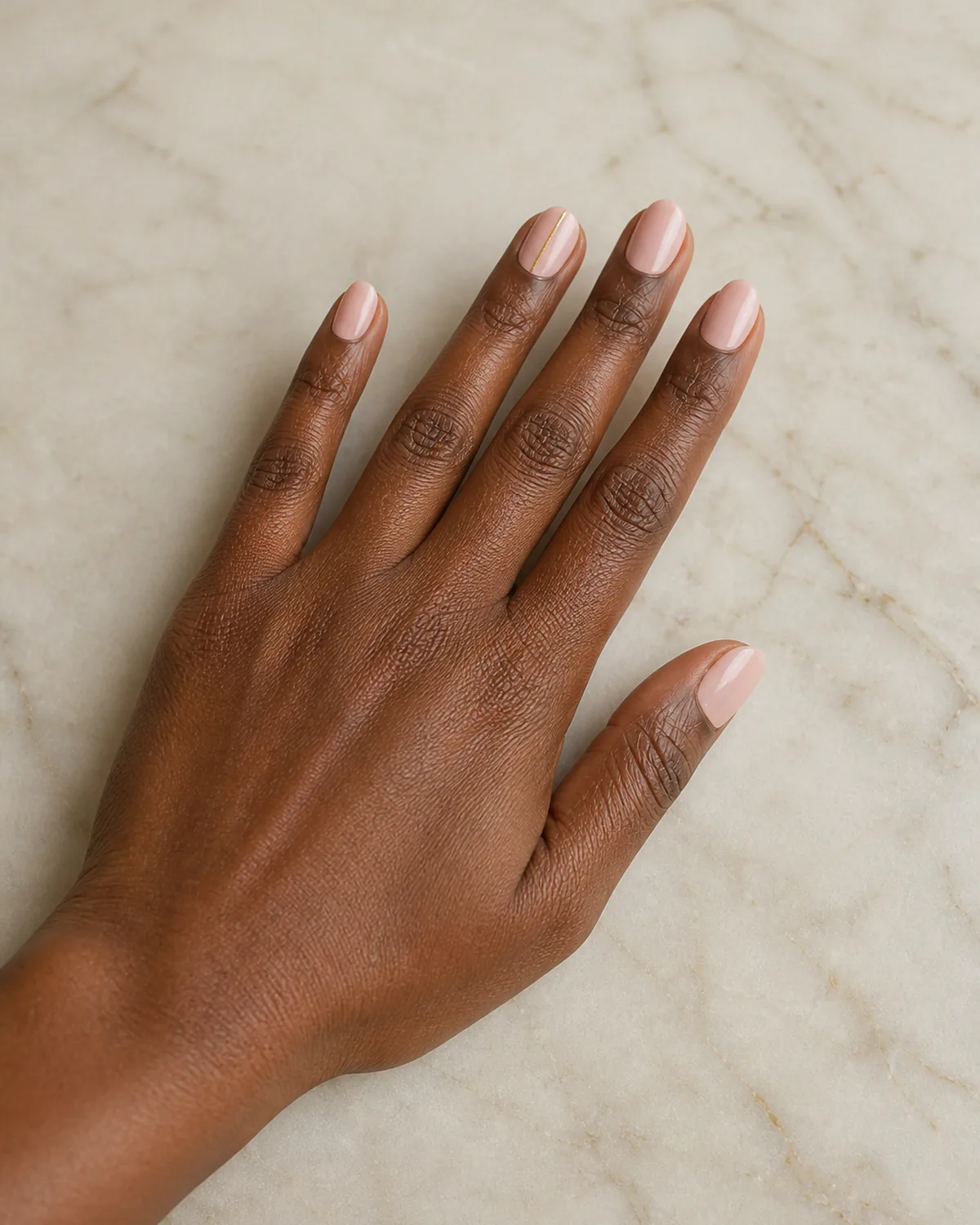 Single left hand with blush pink nails and thin gold metallic line on ring finger on short almond nails on cream marble