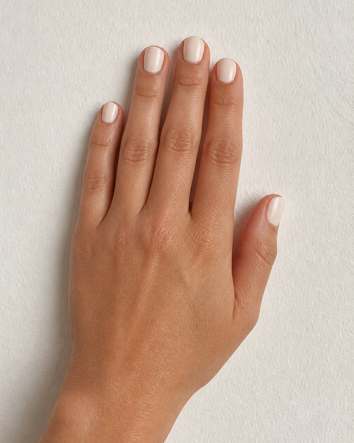 Single left hand with warm soft white cream polish on short round nails palm down on off-white textured paper surface