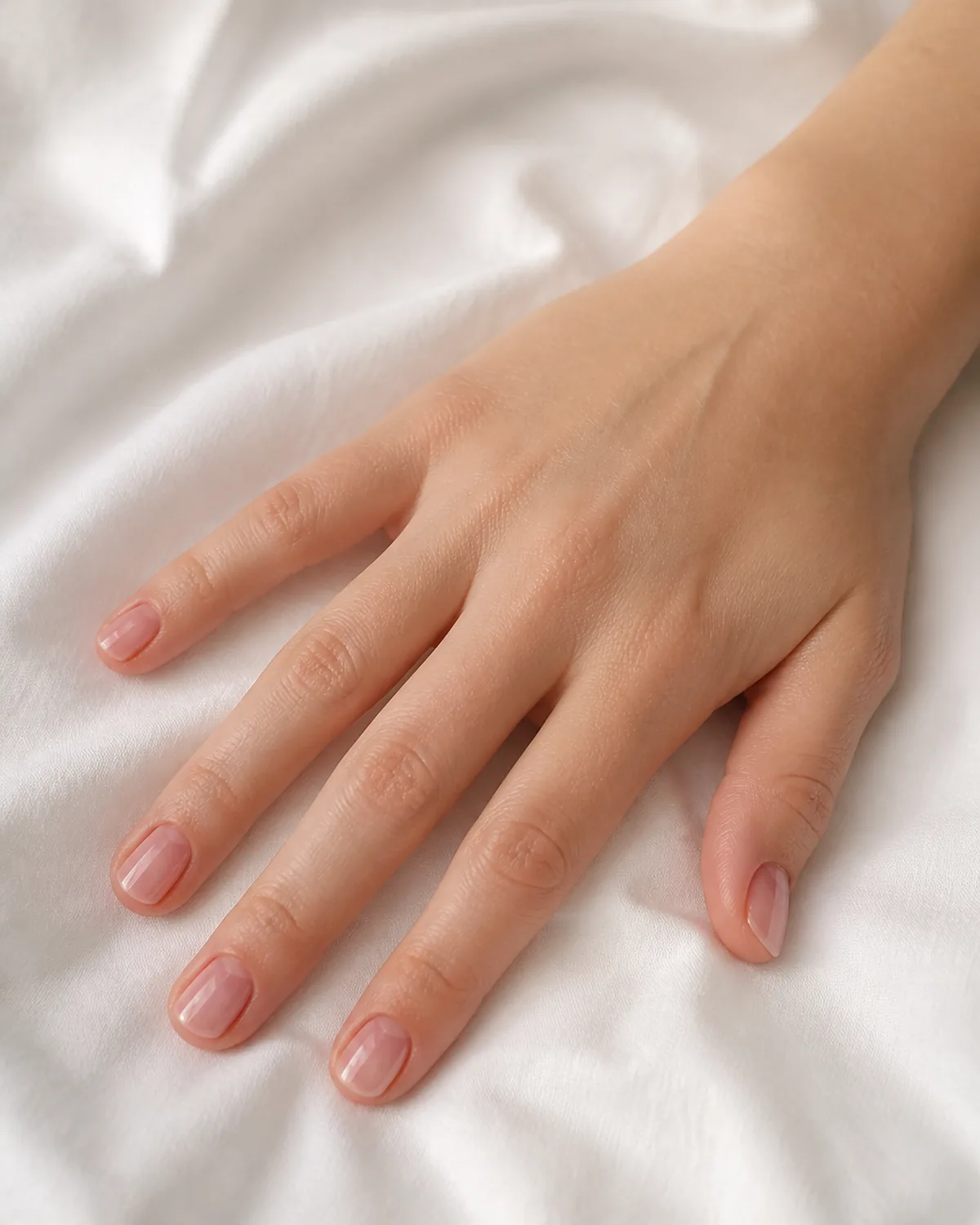 Single left hand with translucent rose quartz jelly effect on short squoval nails palm down on white cotton fabric
