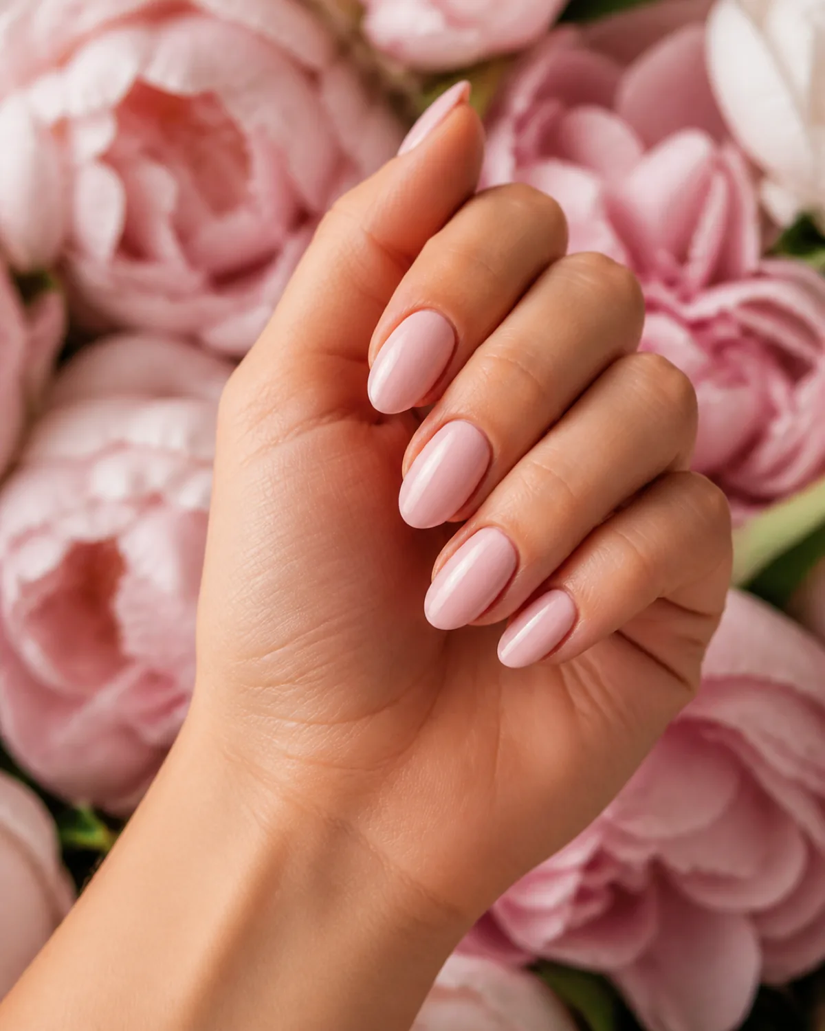 Single hand with muted blush pink polish on almond nails with fingers curled near peonies