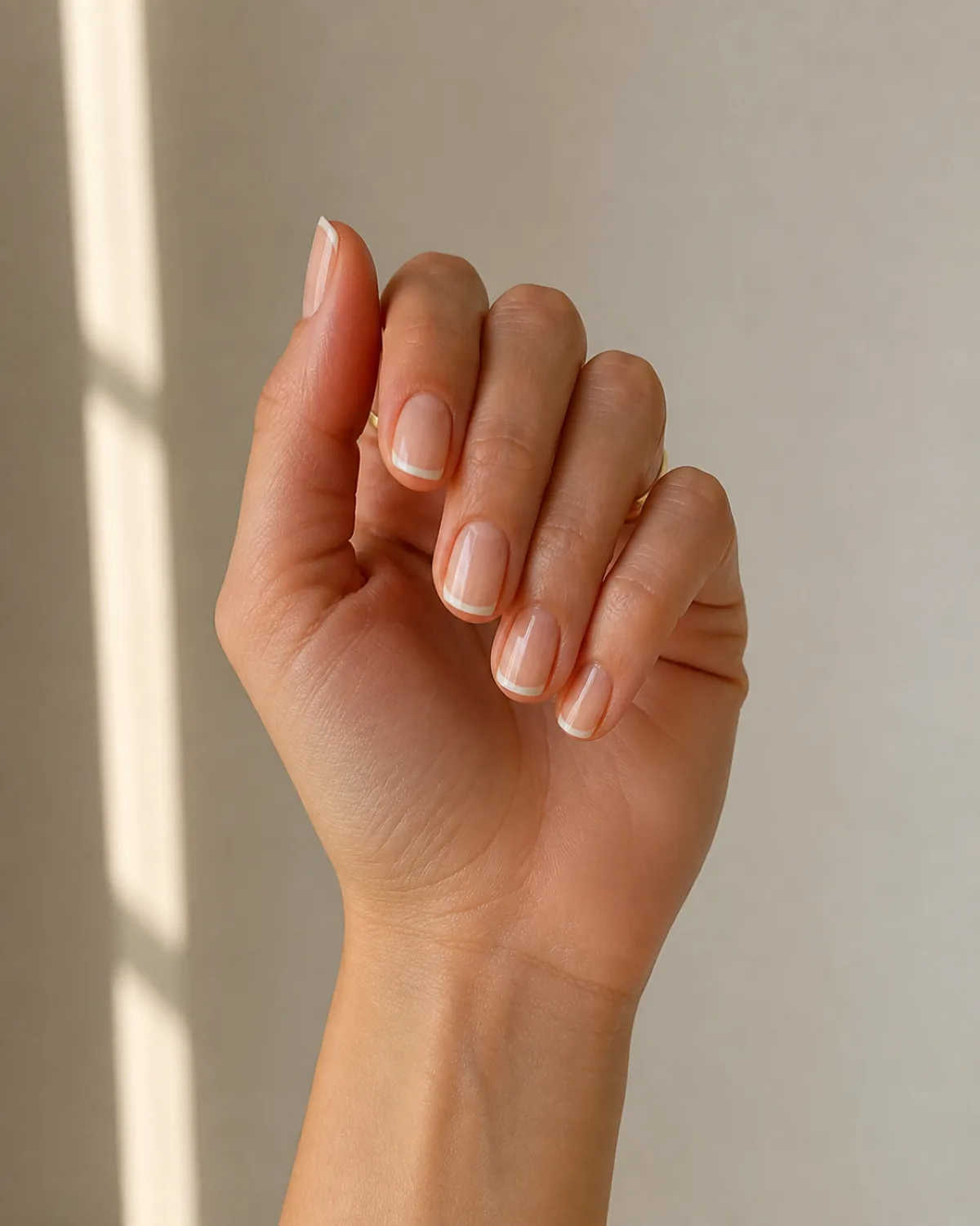 Single hand in loose curl showing micro-thin white French tips on short square nails with gold band