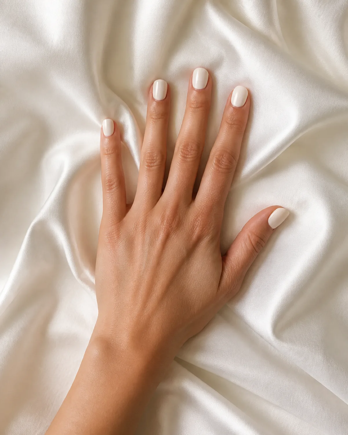 Single hand with opaque ivory polish on medium oval nails with fingers spread against satin fabric