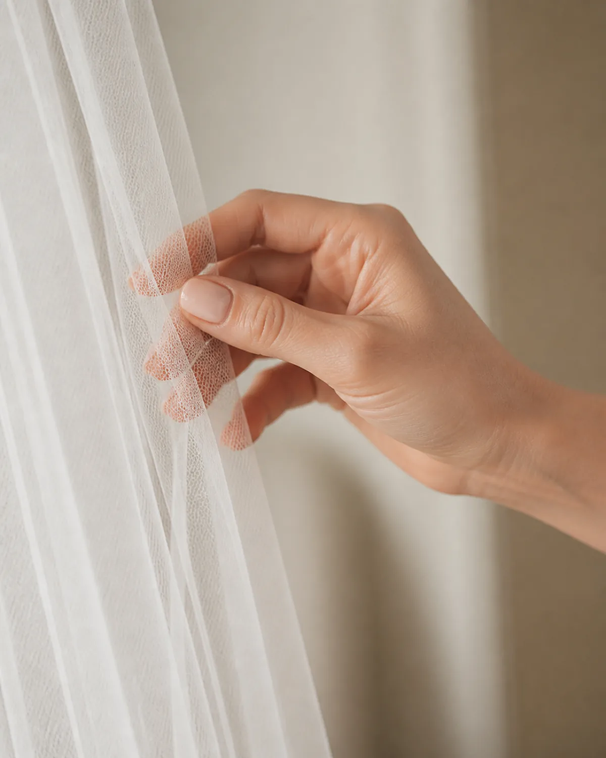 Single hand pinching sheer white tulle veil fabric showing tinted base coat on natural oval nails