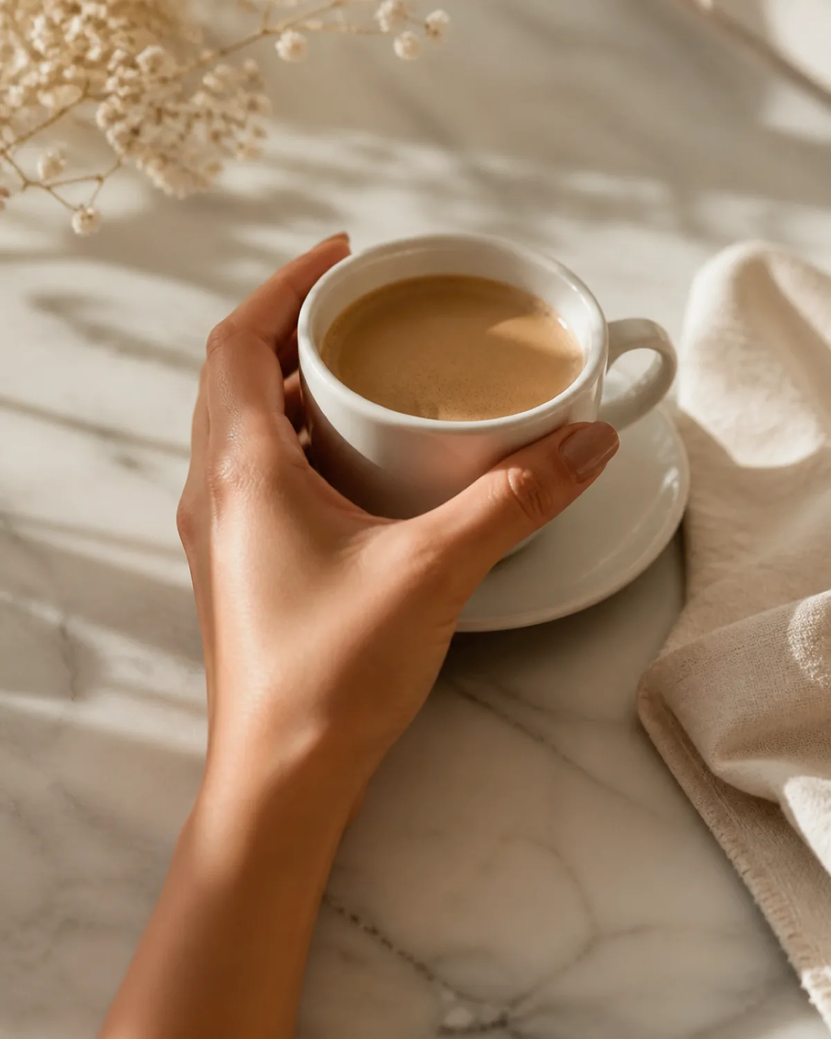 Single hand cupping white ceramic espresso cup on saucer showing cafe au lait warm brown polish on medium almond nails