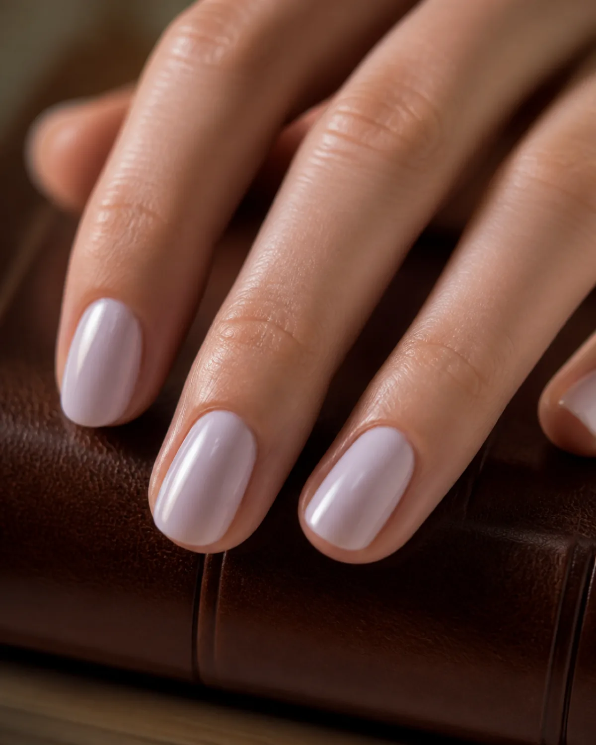 Extreme close macro of three fingertips with pale lavender polish on oval nails resting on leather book spine