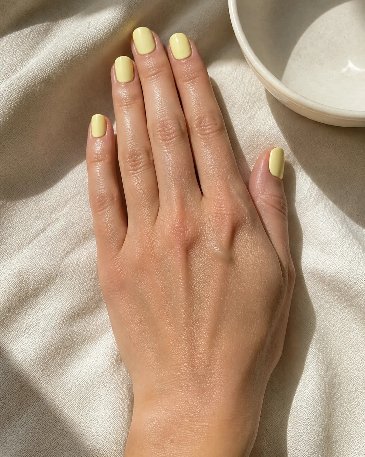 Single hand with soft creamy butter yellow polish on short squoval nails resting palm down on cream linen beside a small white ceramic bowl