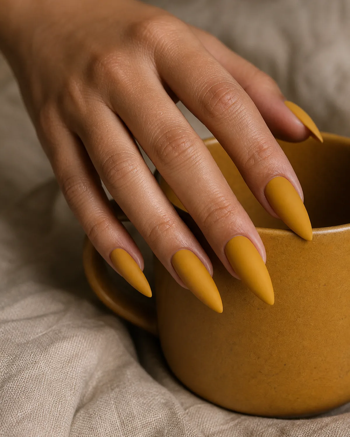 Single hand with deep golden-mustard matte polish on pointed stiletto nails with fingertips resting on the rim of a mustard ceramic mug on linen