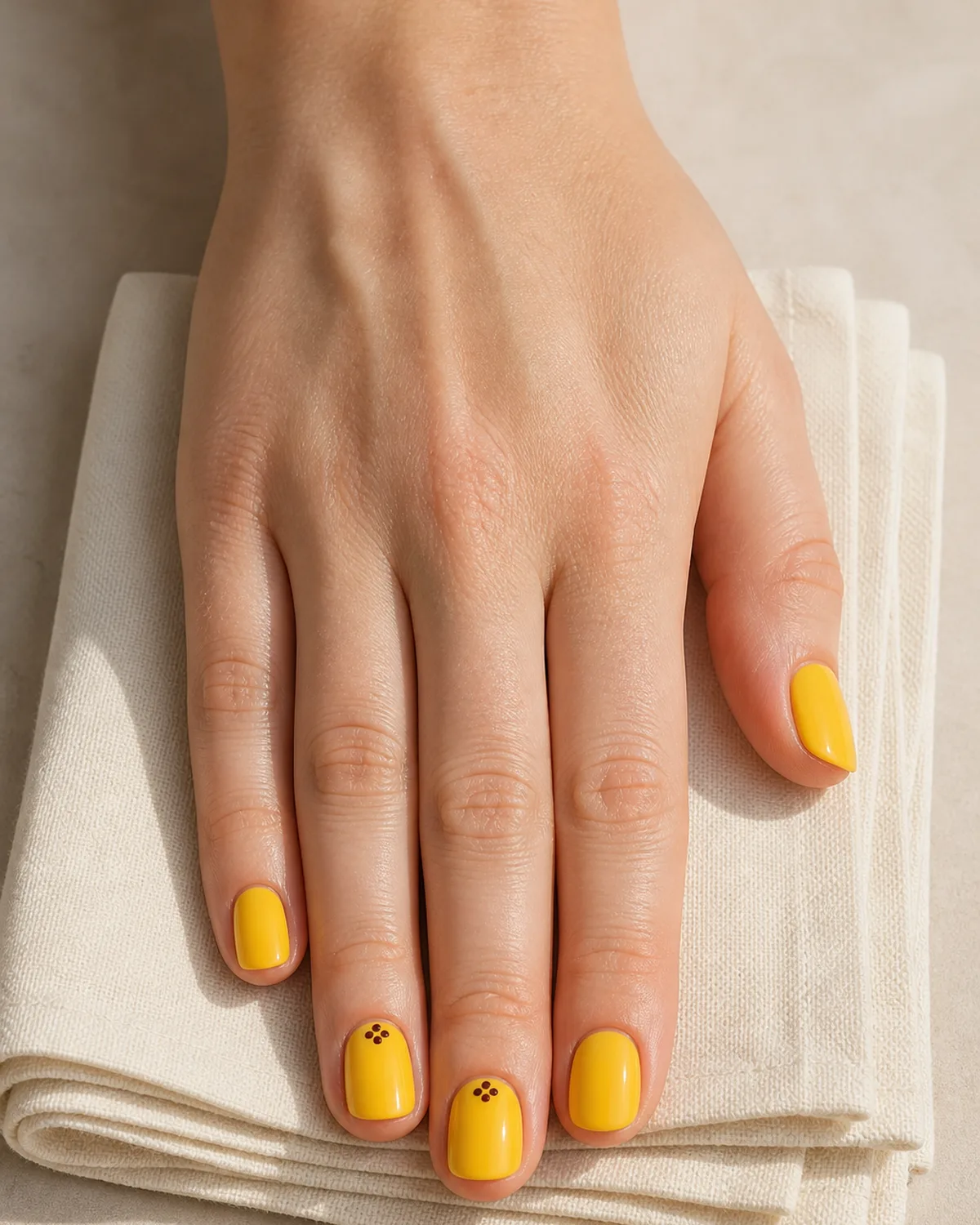 Single hand with warm golden sunflower yellow polish on short round nails with tiny brown seed dots near the cuticle on accent nails resting on cream napkins