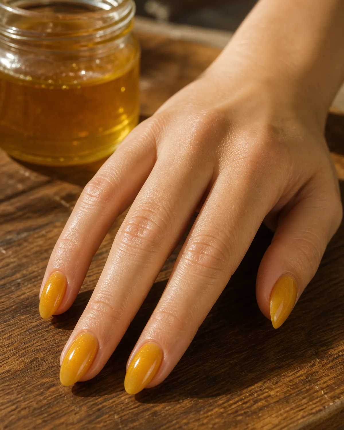 Single hand with yellow-to-white ombre gradient nails on medium square shape beside a white vase with a daisy on light wood