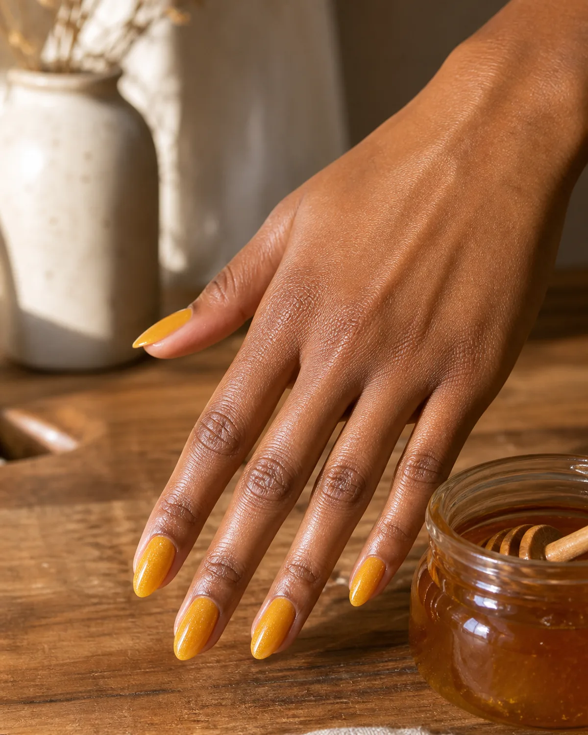 Single hand with rich warm honey-gold shimmer polish on almond nails reaching on a diagonal beside a glass honey jar on warm wood