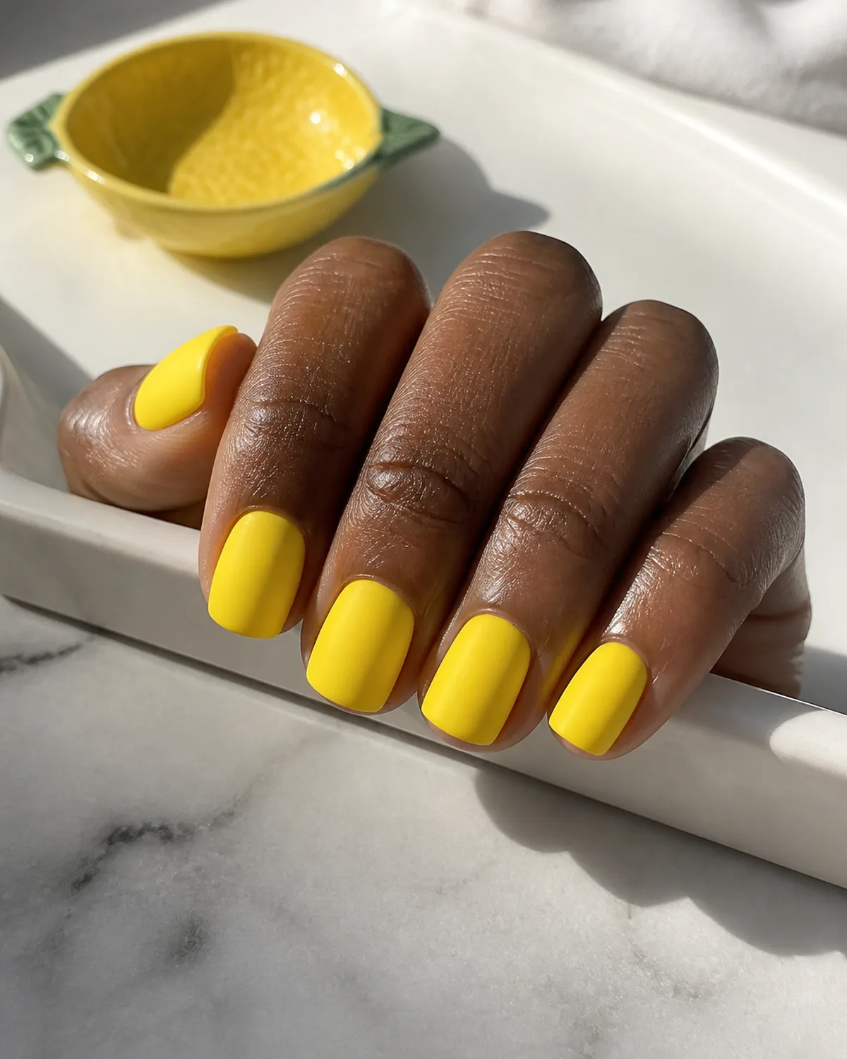Single hand with bright lemon yellow matte-finish polish on short square nails resting on a white ceramic tray beside a lemon-shaped ceramic trinket dish