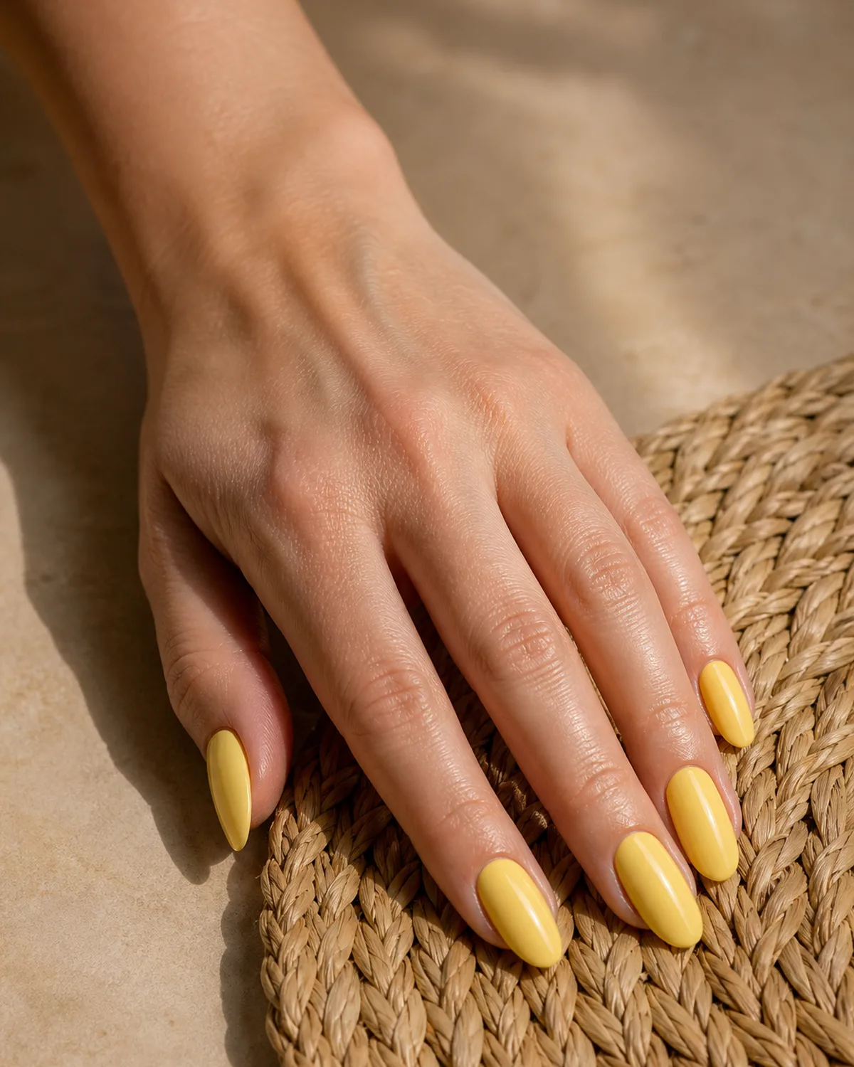Single hand with warm slightly muted banana-peel yellow polish on long oval nails trailing along the edge of a natural raffia placemat
