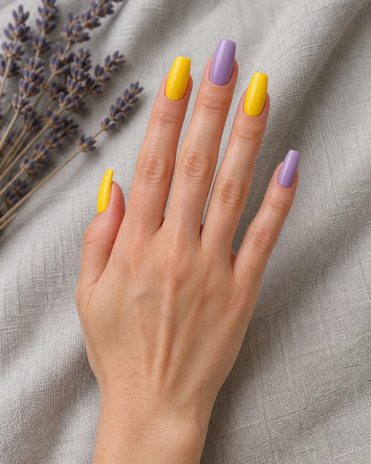 Single hand with alternating sunny yellow and soft lavender color-block nails on coffin shape resting on light grey linen beside dried lavender stems