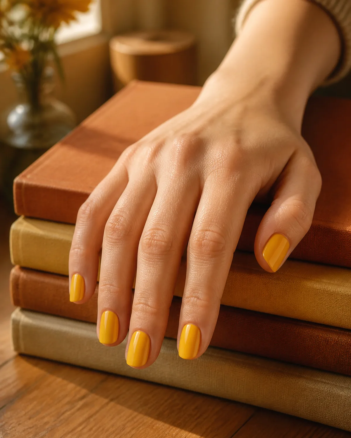 Single hand with warm saturated marigold yellow creamy polish on medium round nails with palm resting on warm-toned hardcover books on natural wood desk