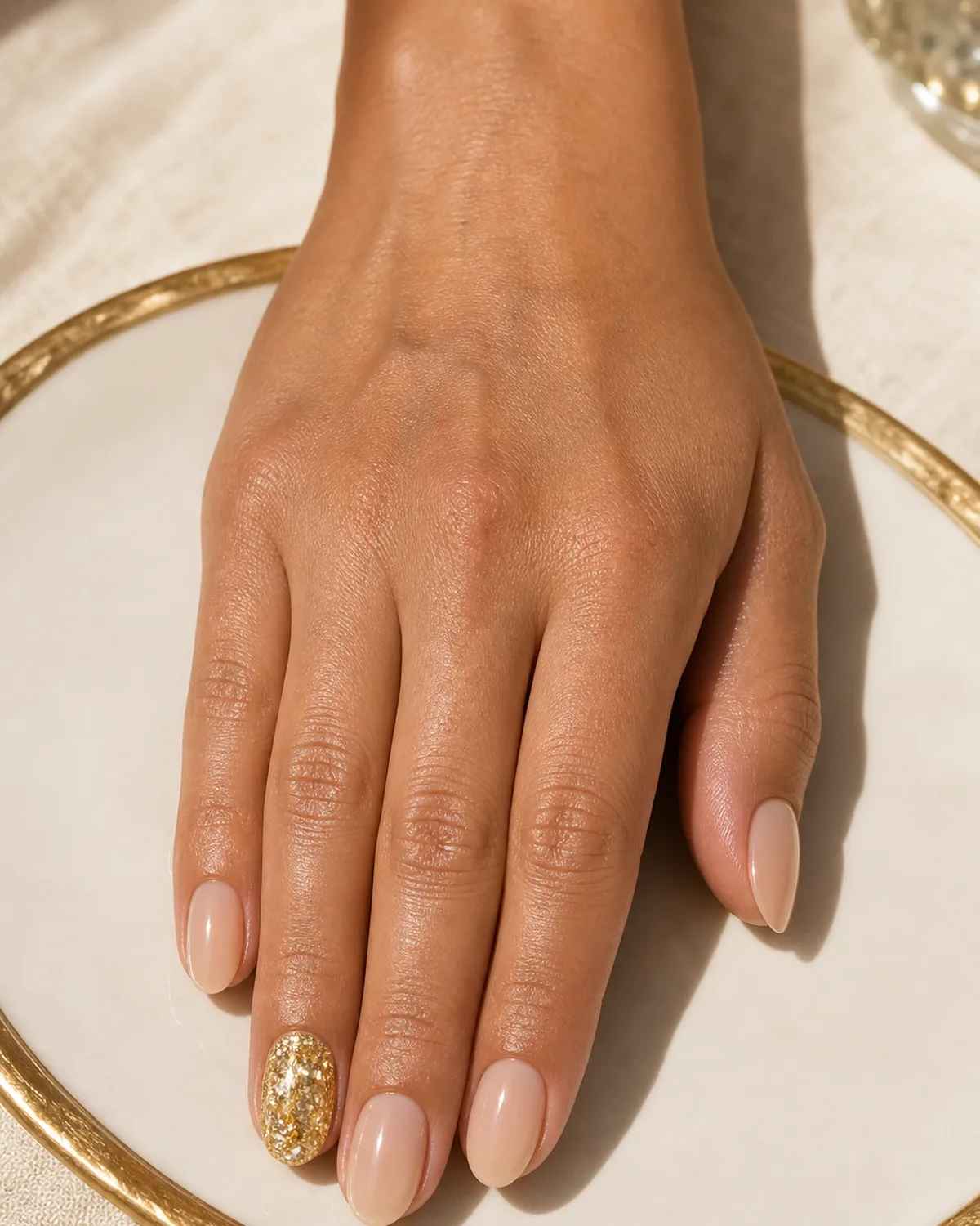 Single hand with sheer nude polish and one chunky gold-yellow glitter accent ring-finger nail on oval shape resting on a gold-rimmed white plate on cream linen
