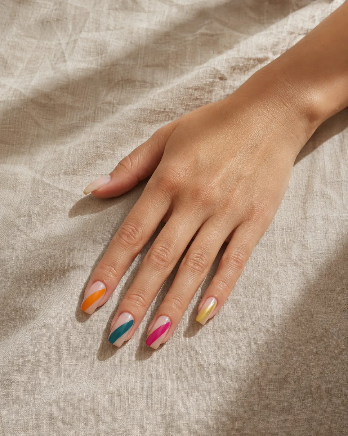 Single right hand with medium coffin nails each showing a single bold diagonal brushstroke in different colors on nude base on linen