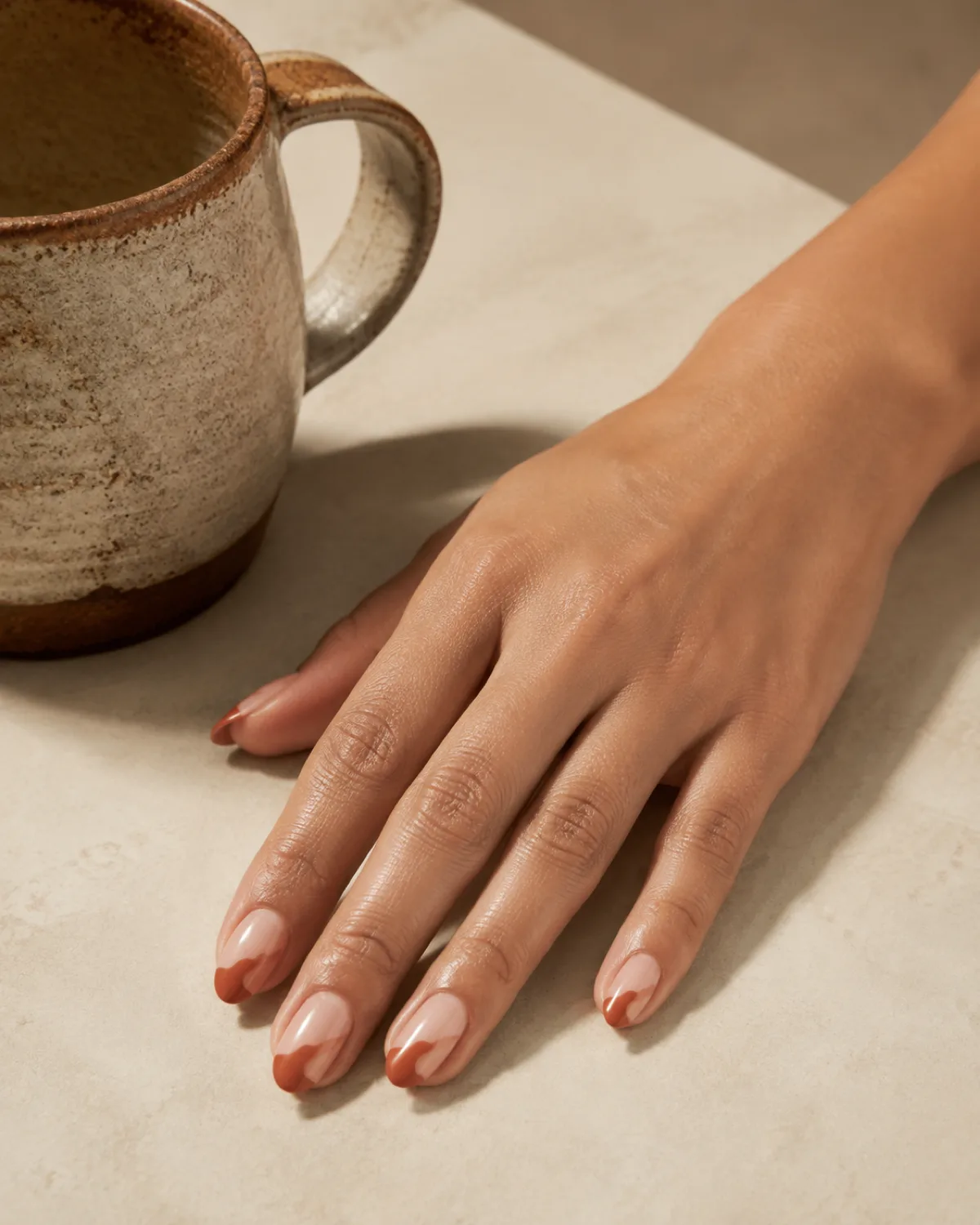 Single right hand with medium almond nails in abstract French manicure with wavy terracotta tip line near pottery mug