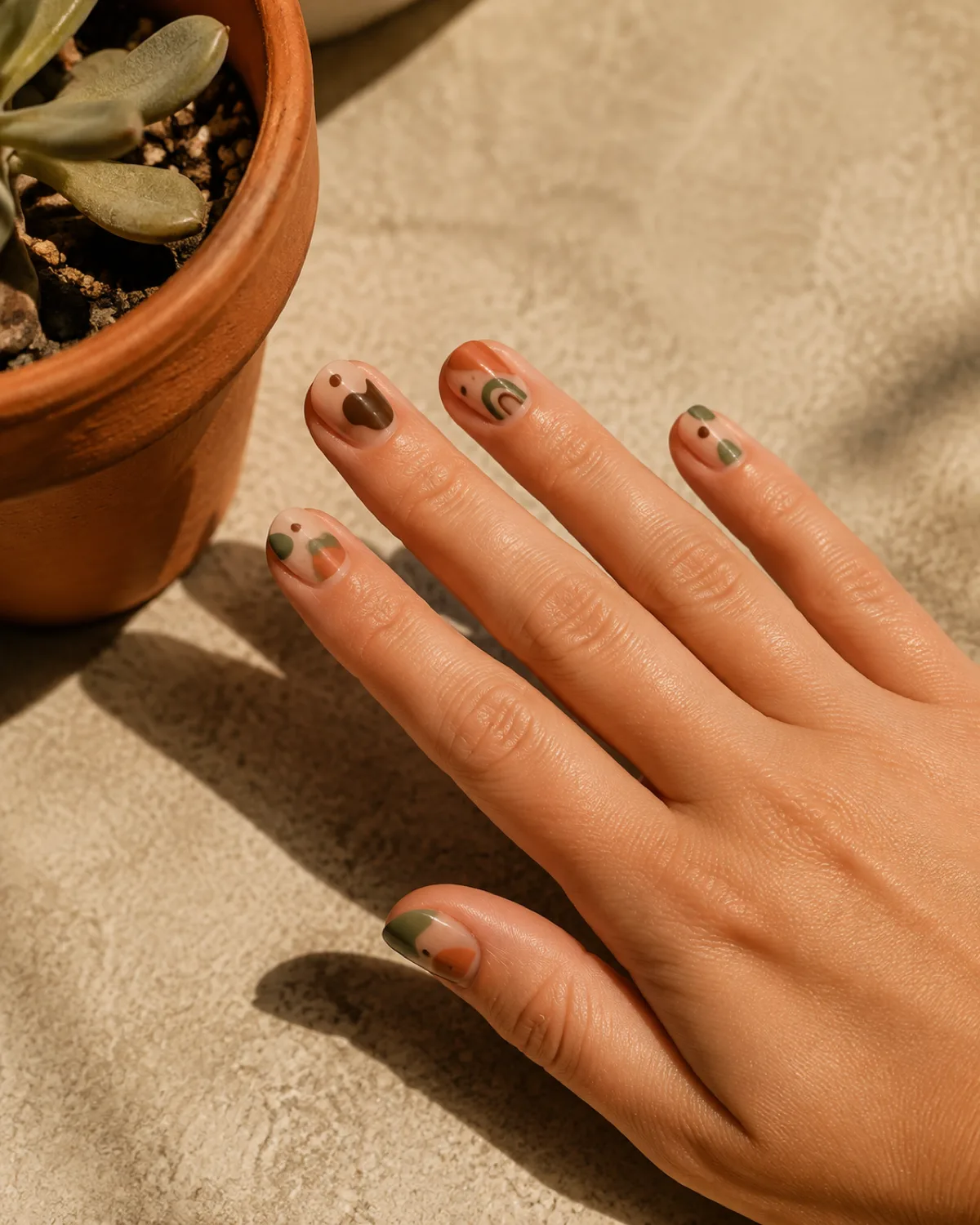 Single right hand with short round nails in earth-tone abstract shapes of terracotta olive and brown on nude base near terracotta pot